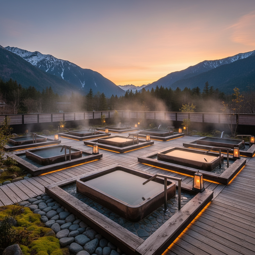 Outdoor hot spring resort with private soaking tubs and mountain view