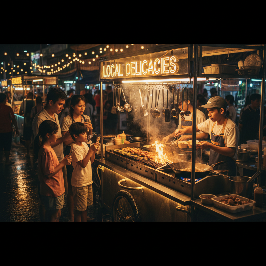 Street food stall with hot cooking surfaces and customers choosing dishes at a night market
