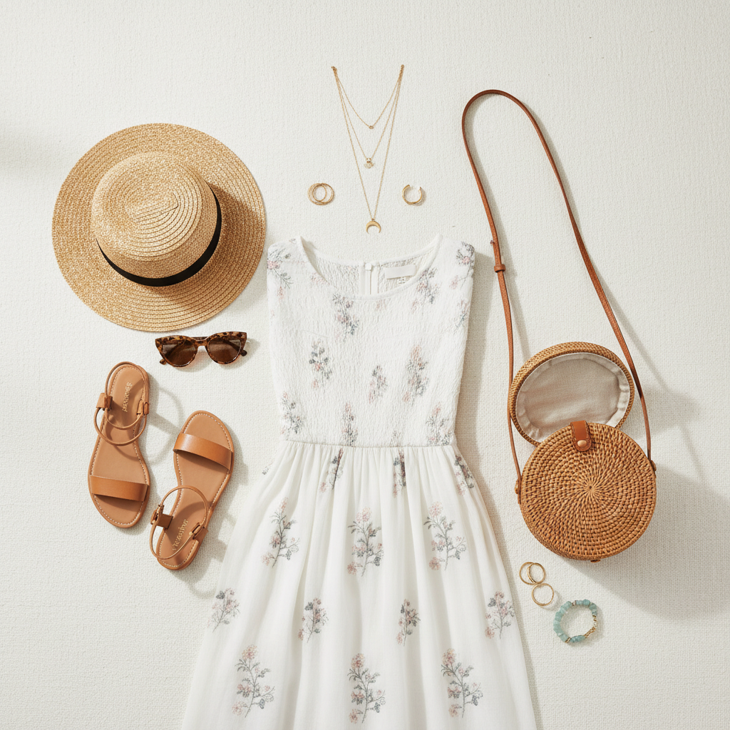 Flat lay of boho summer dress accessories like sandals, straw hat, and simple jewelry