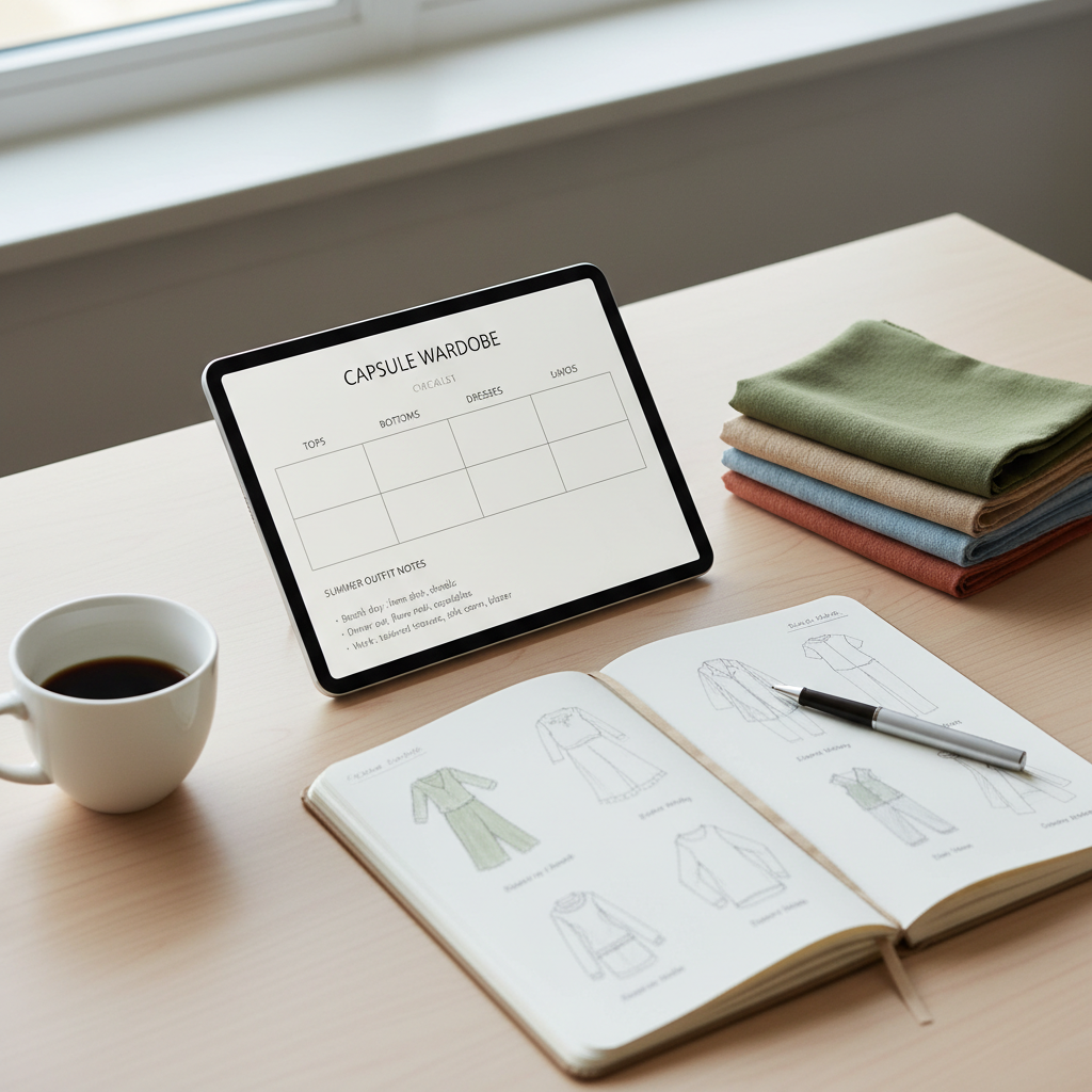 Capsule wardrobe planning checklist on a tablet with summer outfit notes