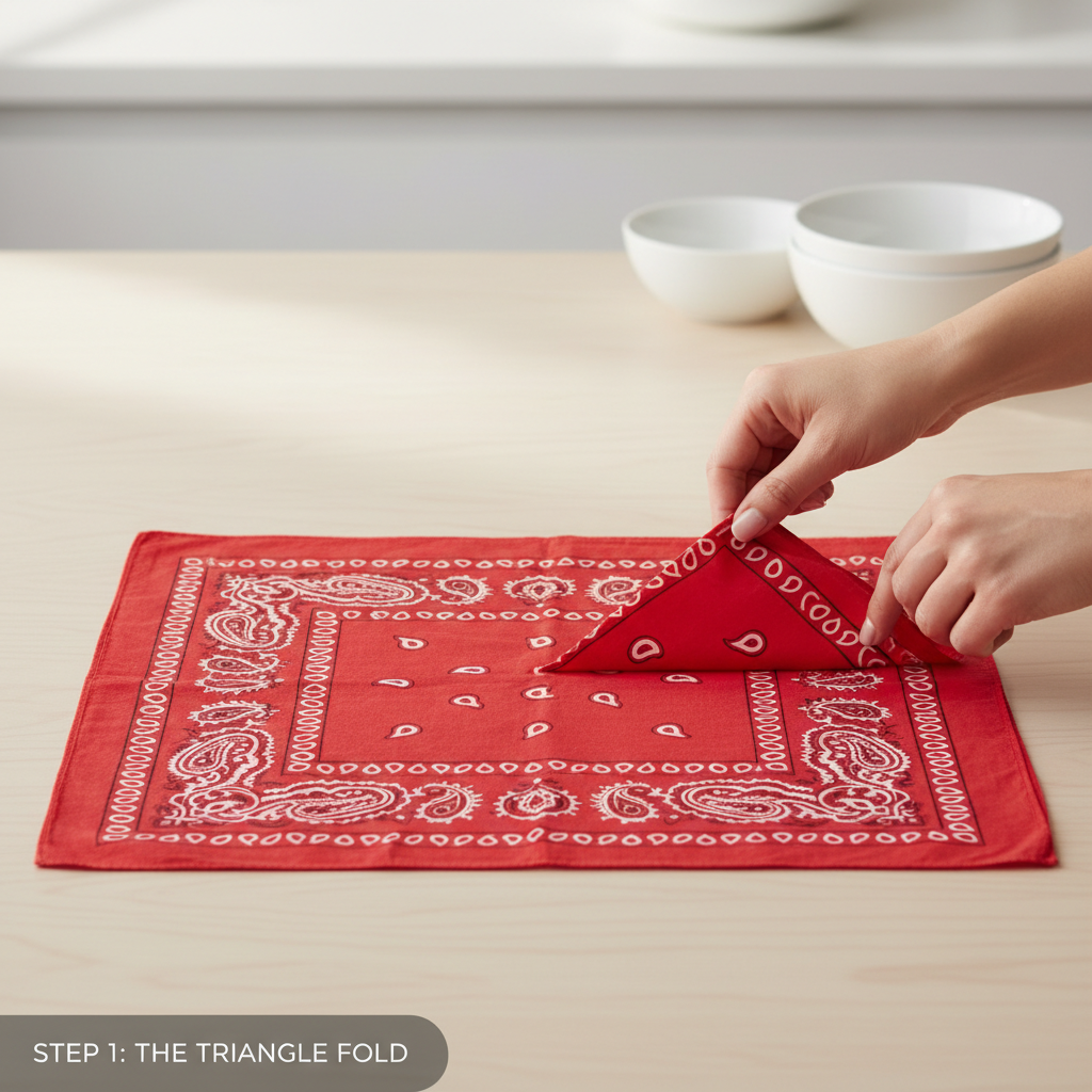 Step-by-step folding a bandana into a neckerchief roll on a tabletop