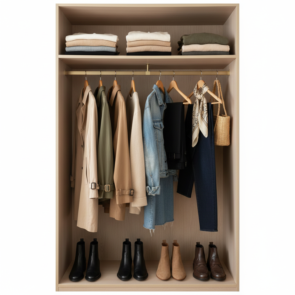 Closet planning for transitional season fashion with layered outfits and neutral palette
