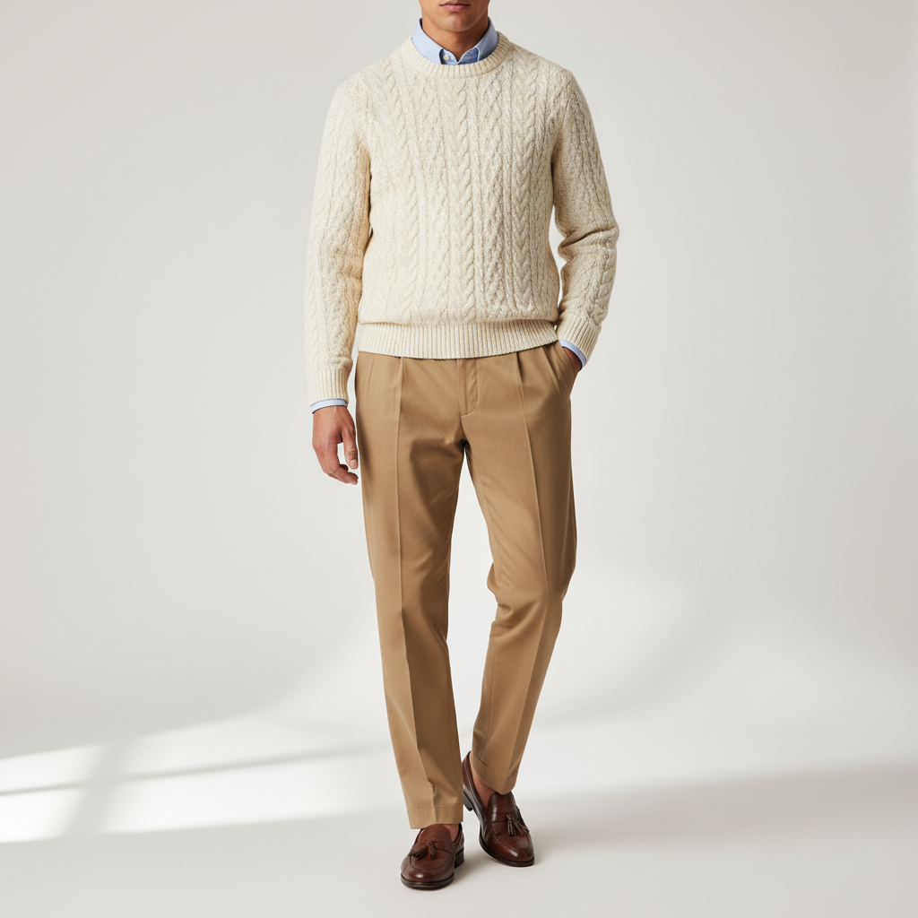 Preppy knit layering with cable sweater over button-down and pleated trousers