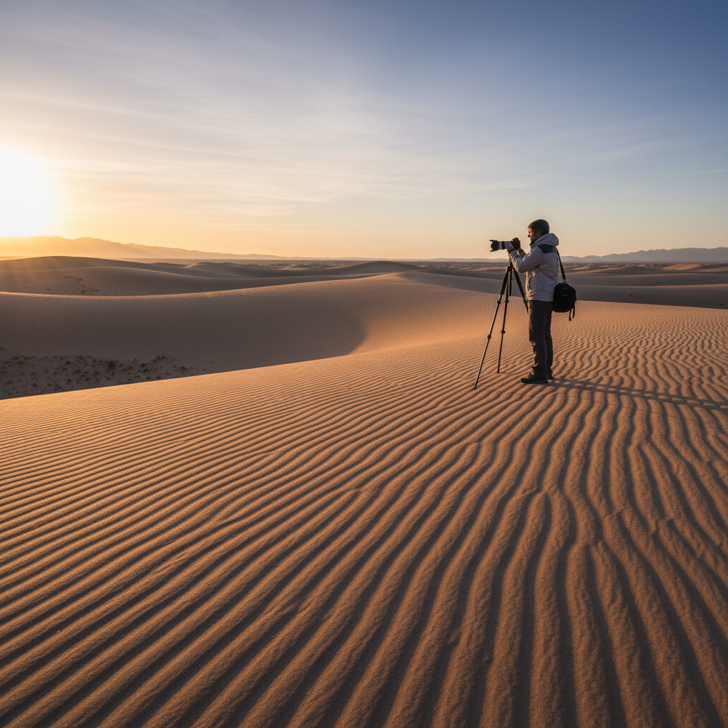 Photographer at sunrise on desert sand dunes with wind-sculpted ripples