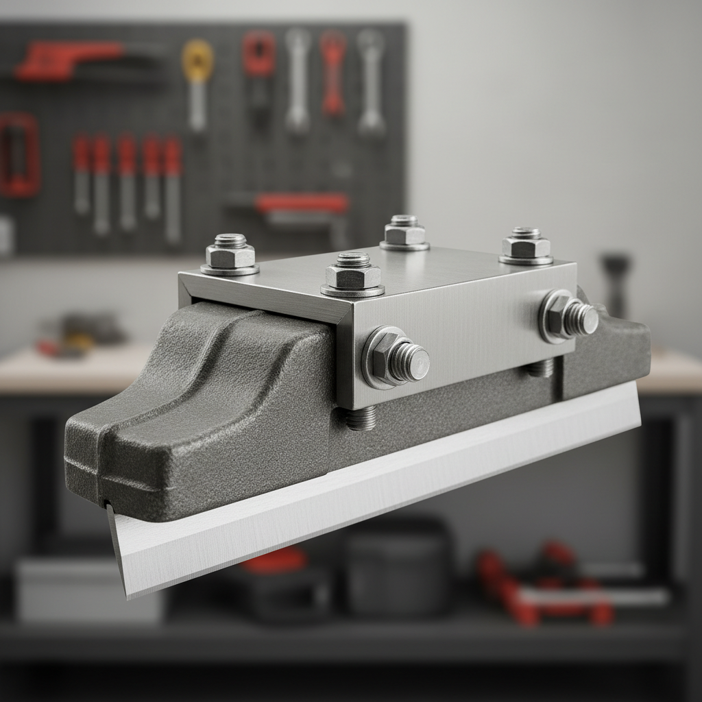 Close-up of replaceable scraper blade clamped in heavy duty floor scraper head