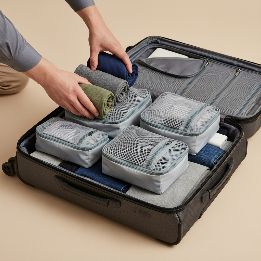Man rolling wrinkle-resistant travel shirts using packing cubes in carry-on