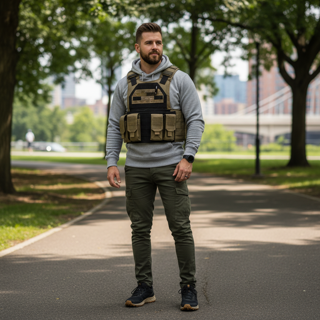 Men wearing a tactical vest styled for outdoor casual streetwear