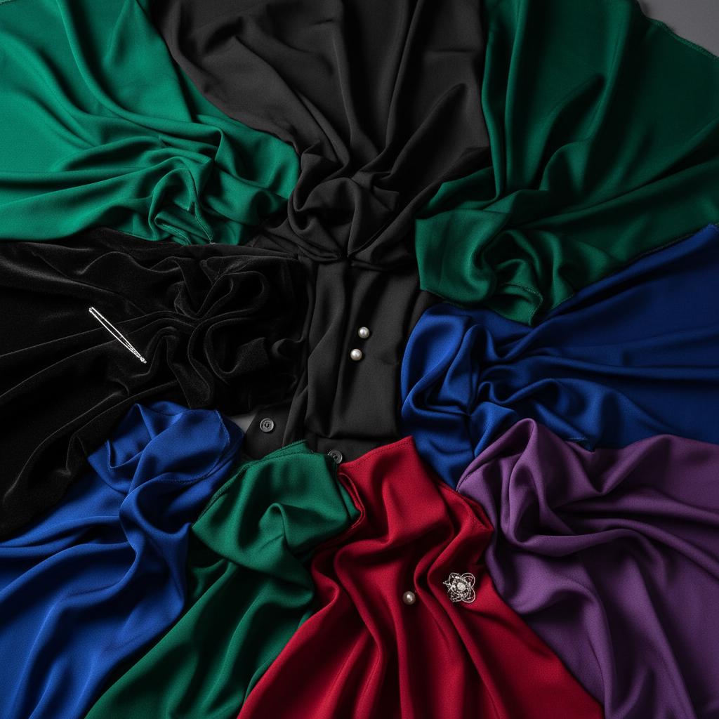 Close-up of black tie gown fabrics like velvet, satin, and crepe