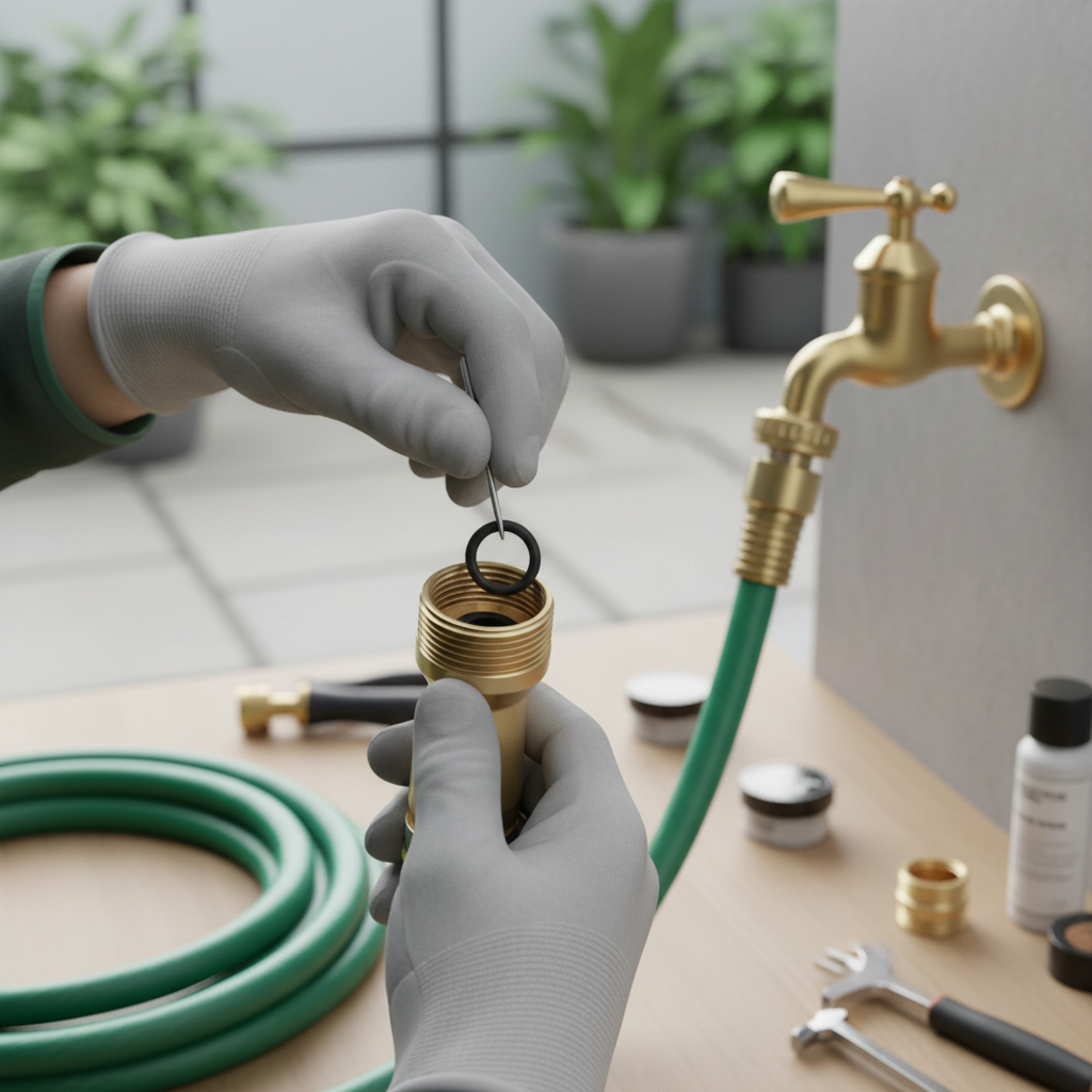 Hands replacing a rubber washer in a garden hose nozzle connection to stop leaks
