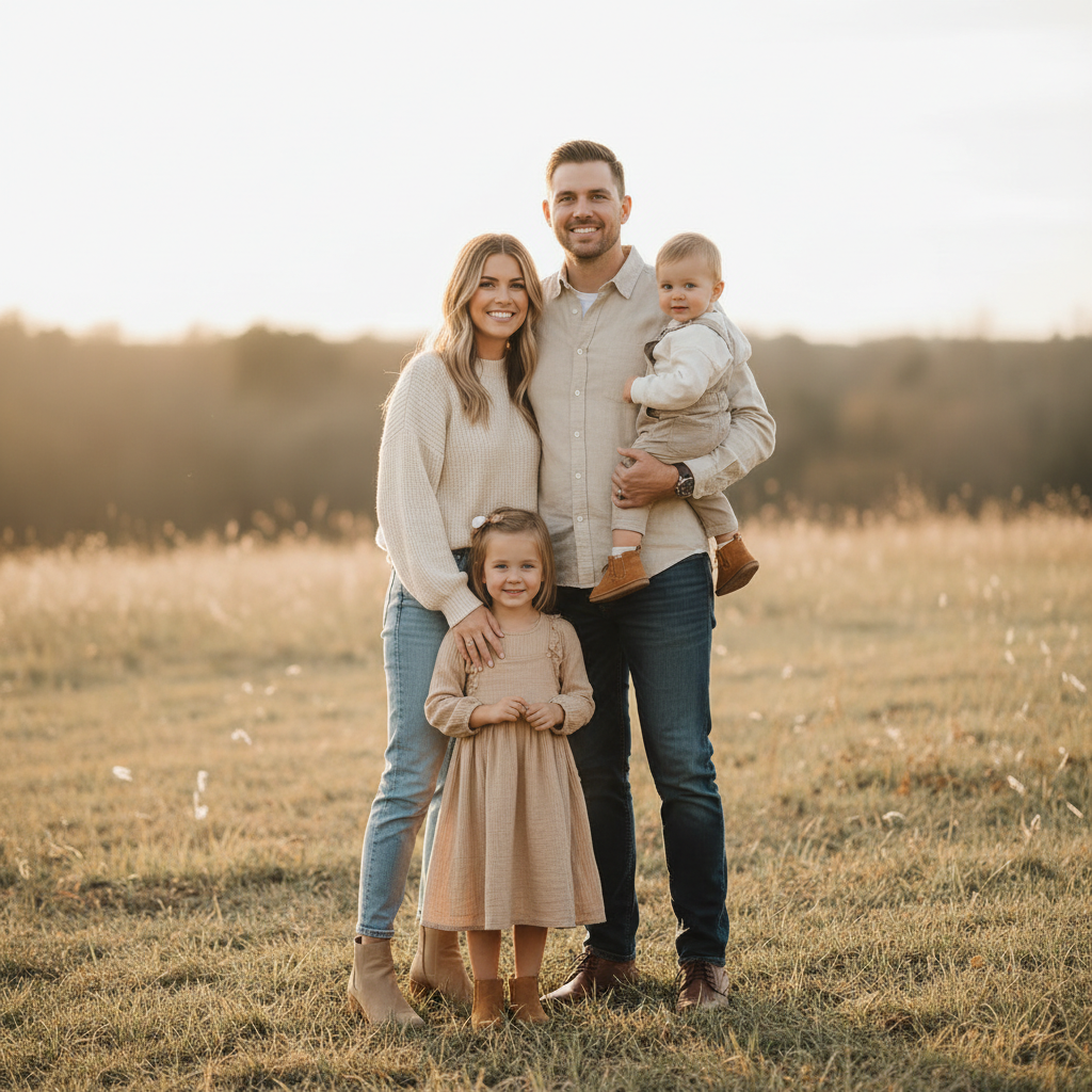 Neutral family photo outfits in soft beige, cream, and denim for an outdoor session
