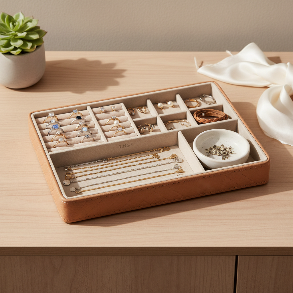 Neatly organized jewelry tray with labeled sections and a small dish for earring backs