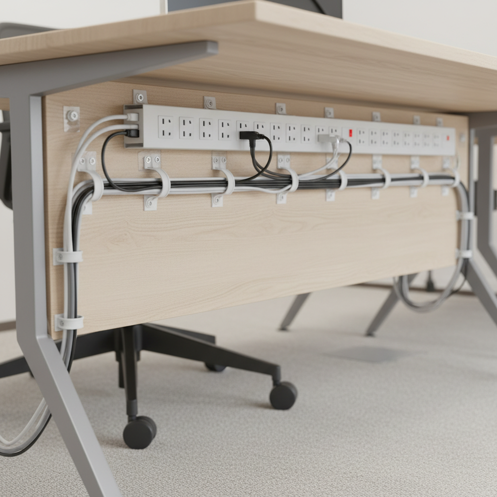 Under-desk cable routing plan using clamps and a mounted power strip