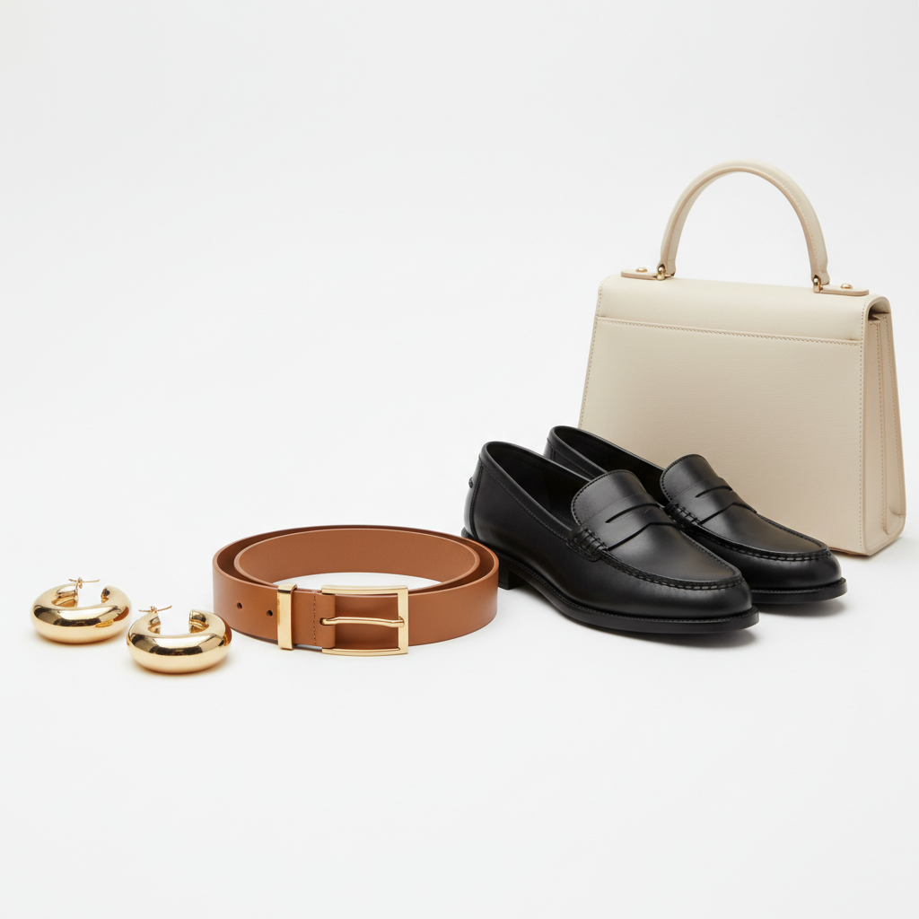 Close-up of accessories upgrading a thrifted outfit: belt, gold hoops, loafers, structured bag