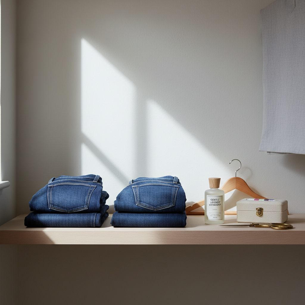 Minimalist closet with two pairs of sustainable denim jeans and care items like gentle detergent