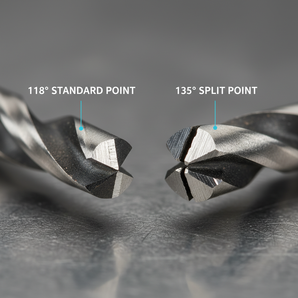 Close-up of twist drill bit point angles showing split point vs standard point