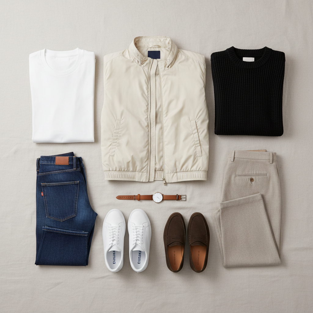 Minimal capsule wardrobe items paired with a nylon jacket windbreaker