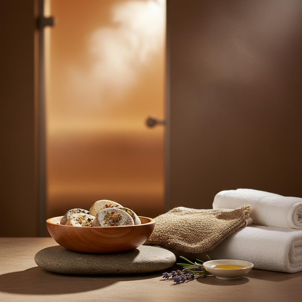 Traditional spa ritual steps with scrub and steam sequence