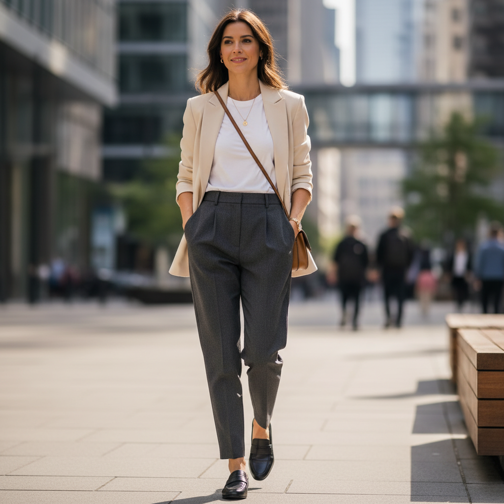 Woman wearing elevated basics outfit with blazer, white tee, and tailored trousers