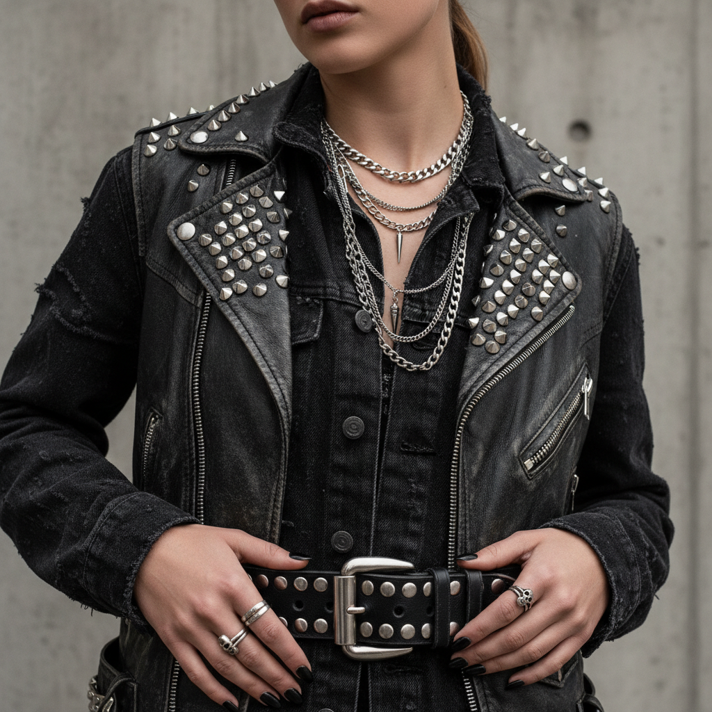 Edgy concert outfit close-up showing jewelry, belt hardware, and textured fabrics