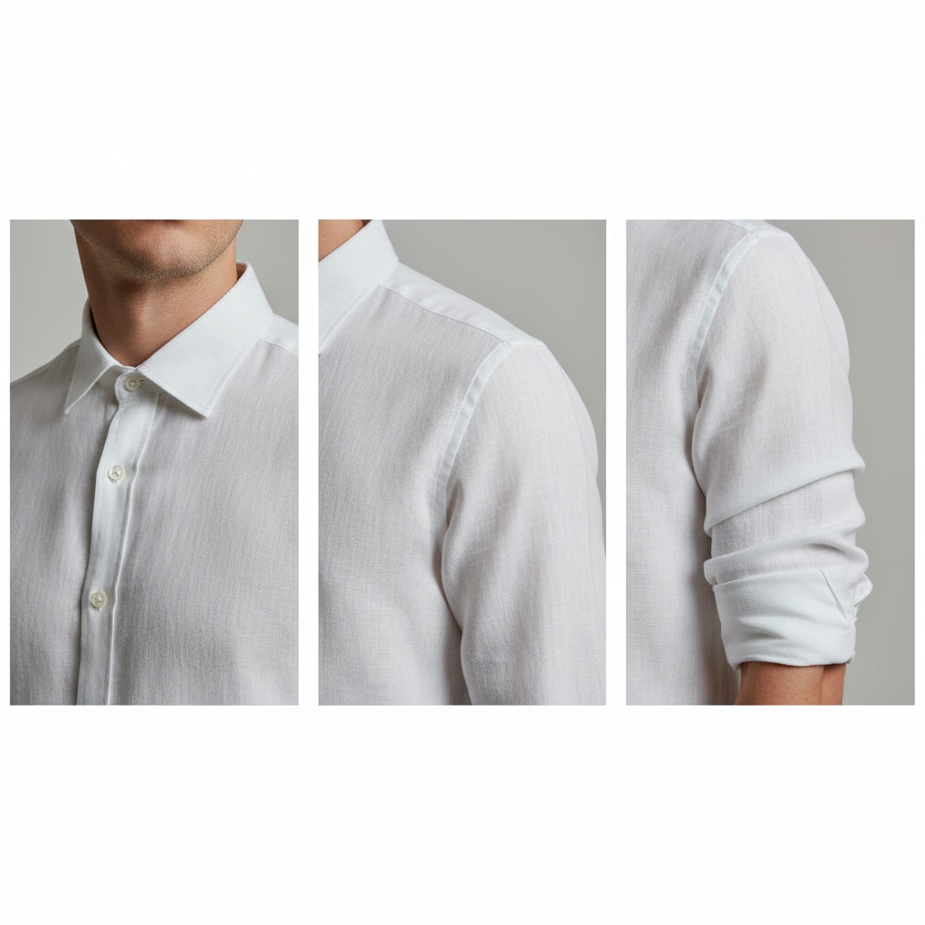 Men’s linen shirt fit details: collar, shoulder seam, sleeve roll