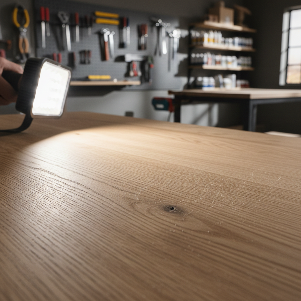 Raking light inspection to spot sanding scratches on a wooden surface