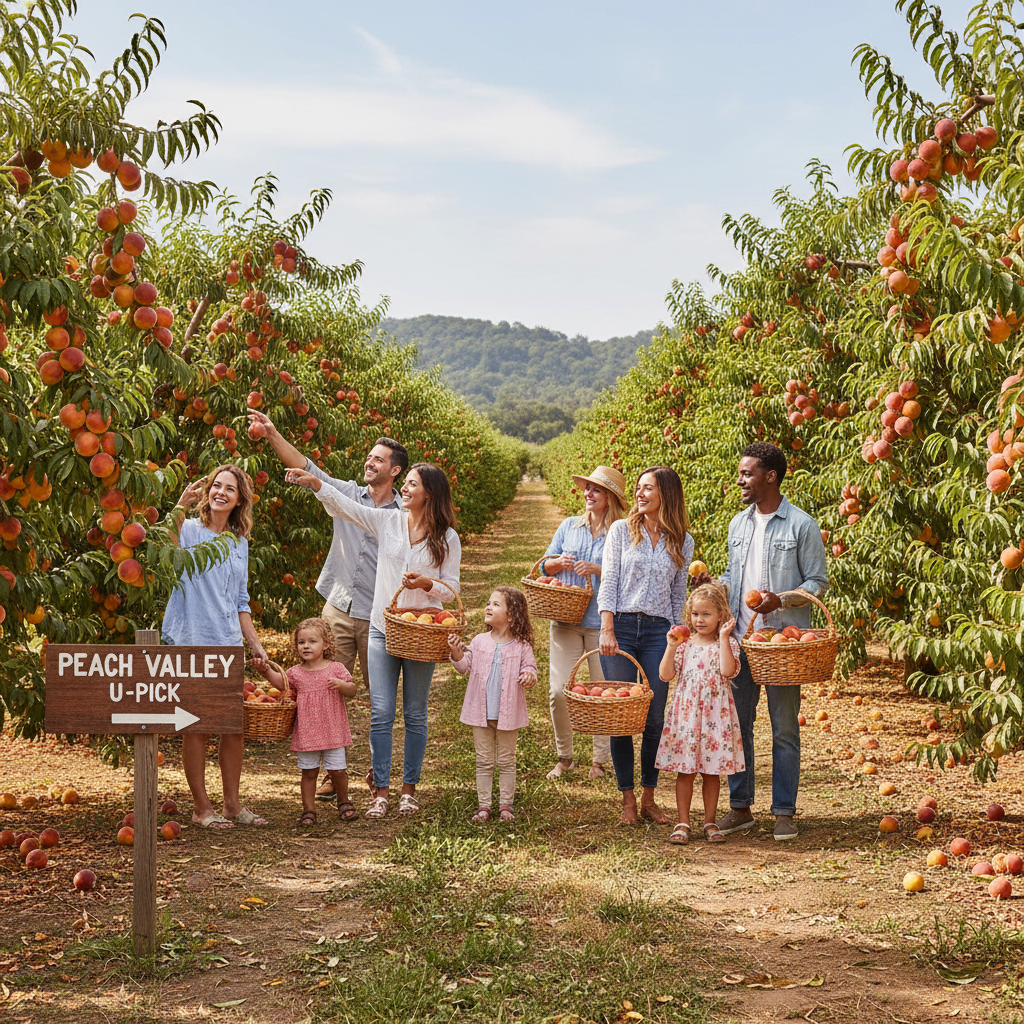 Peach orchard travel destination with ripe fruit and visitors carrying baskets