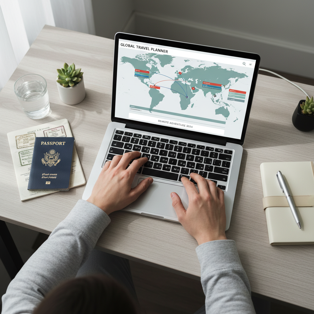 Digital nomad planning travel route and time zones on a laptop map