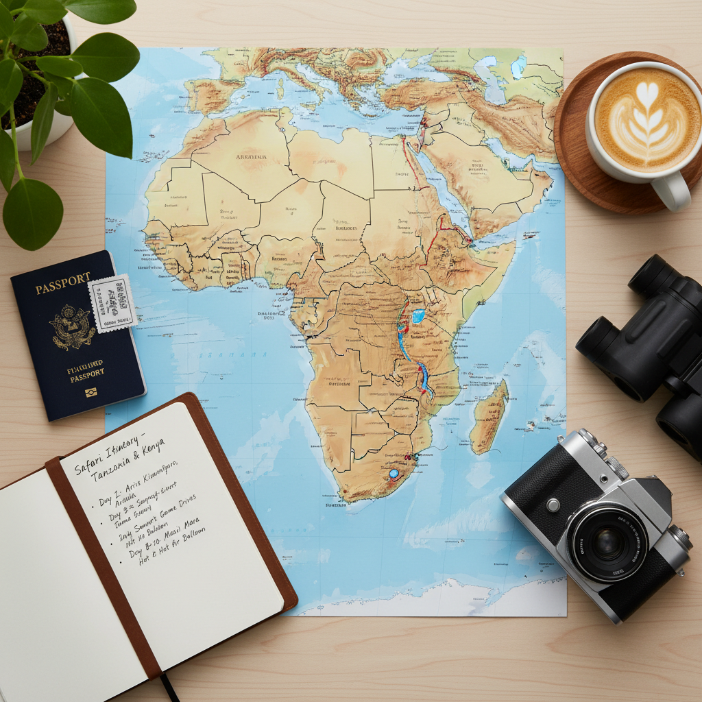 Map-style planning scene with guidebook, passport, and safari notes