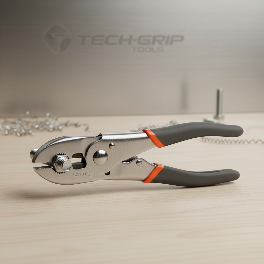 Locking grip pliers with wire cutter holding a bolt on a workbench