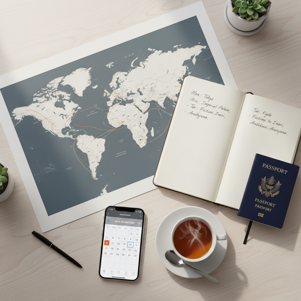 Traveler planning pilgrimage itinerary with map, notebook, and phone