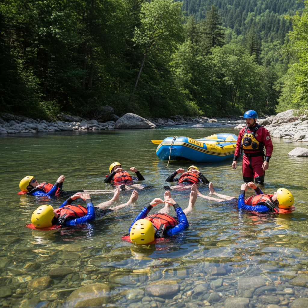 Raft crew practicing defensive swimming and self-rescue position