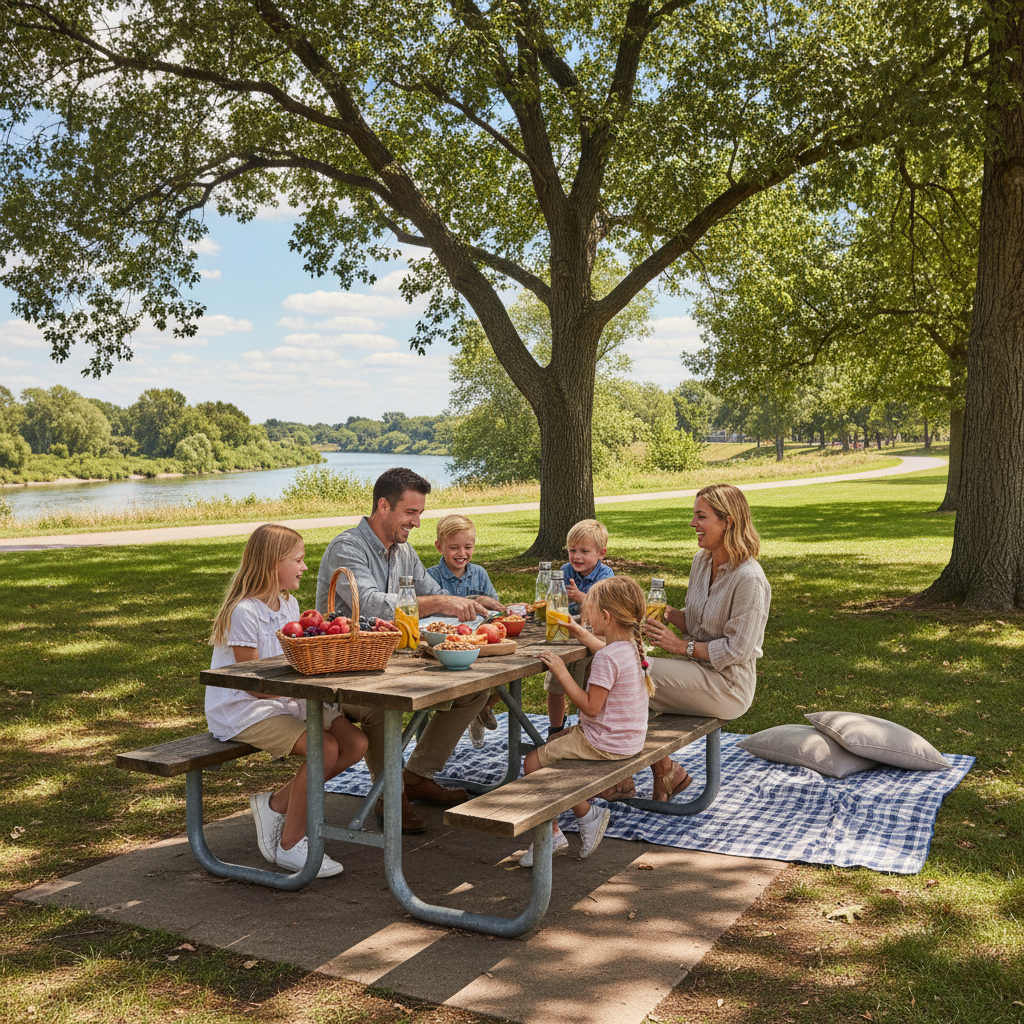 Shaded picnic area in a country park with family lunch setup