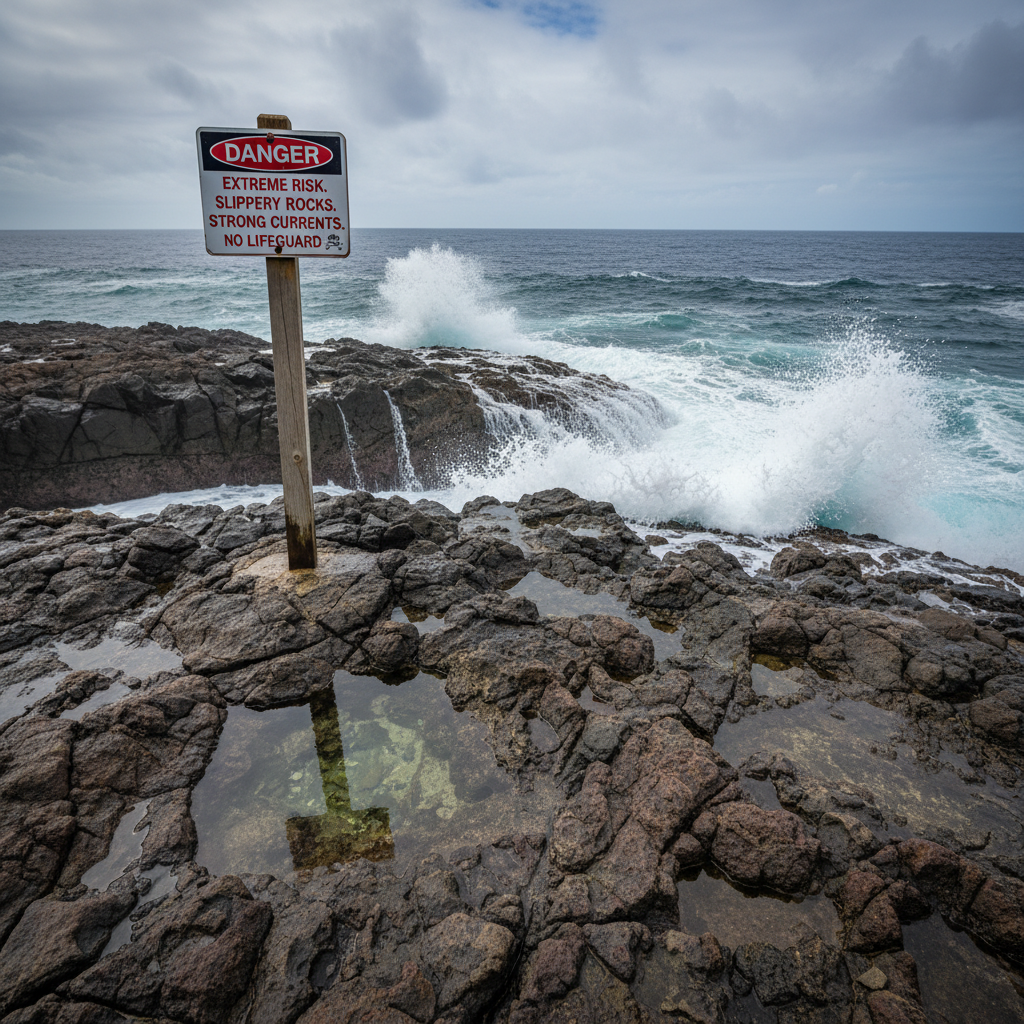 Warning signs and slippery rocks near a cliff jumping entry point