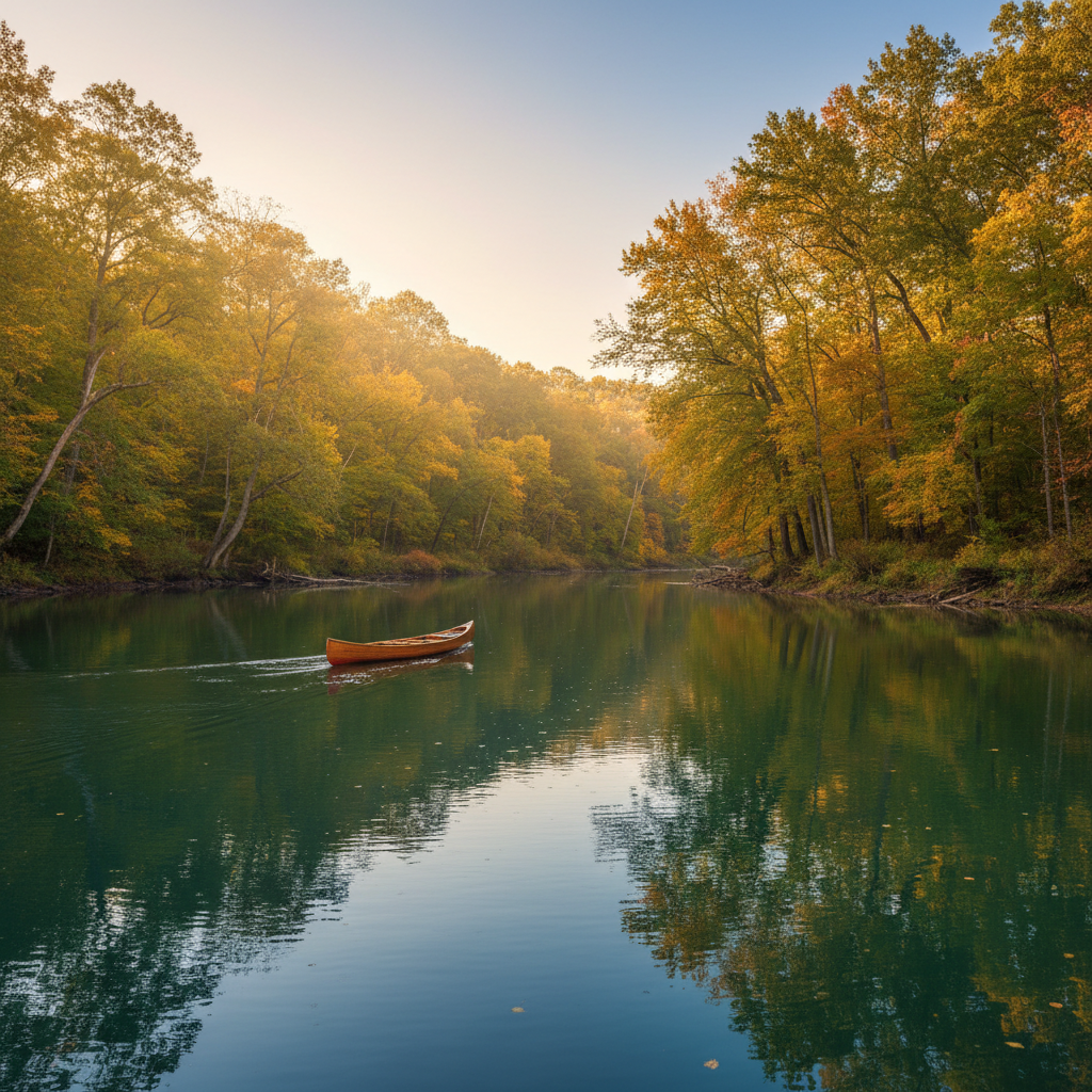 Canoe on calm scenic river with tree-lined shoreline and morning light