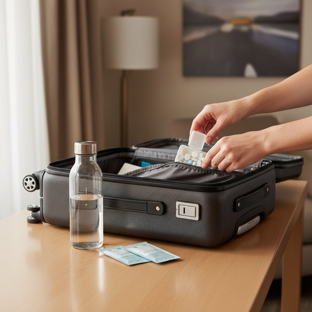 Traveler packing a small headache relief kit for carry-on