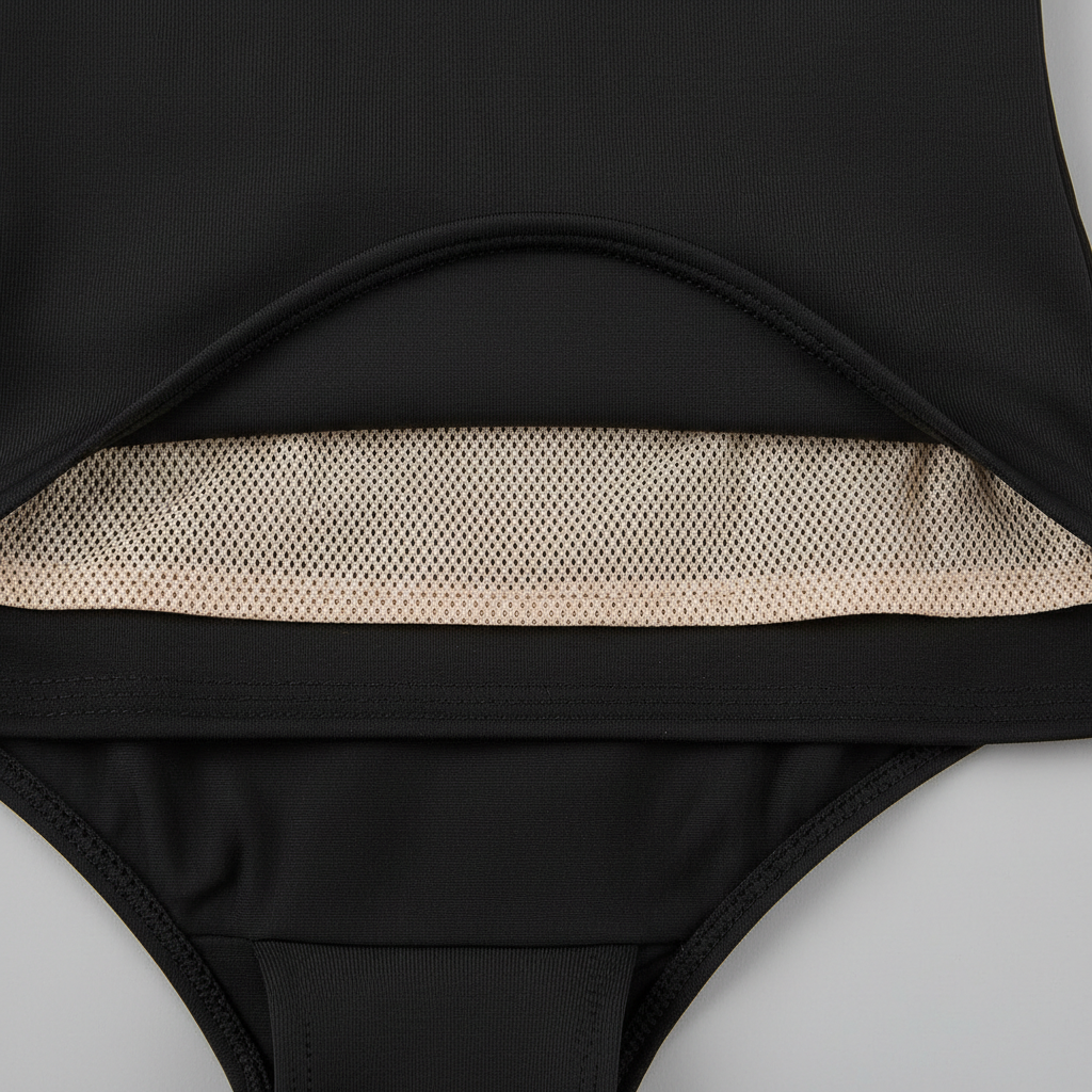 Close-up of swimsuit fabric with power mesh lining for tummy control