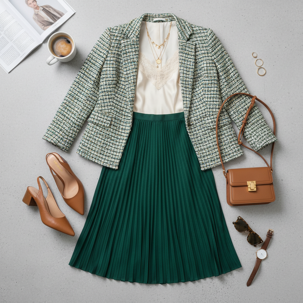 Dressy casual platform sandals outfit flat lay with blazer and dress