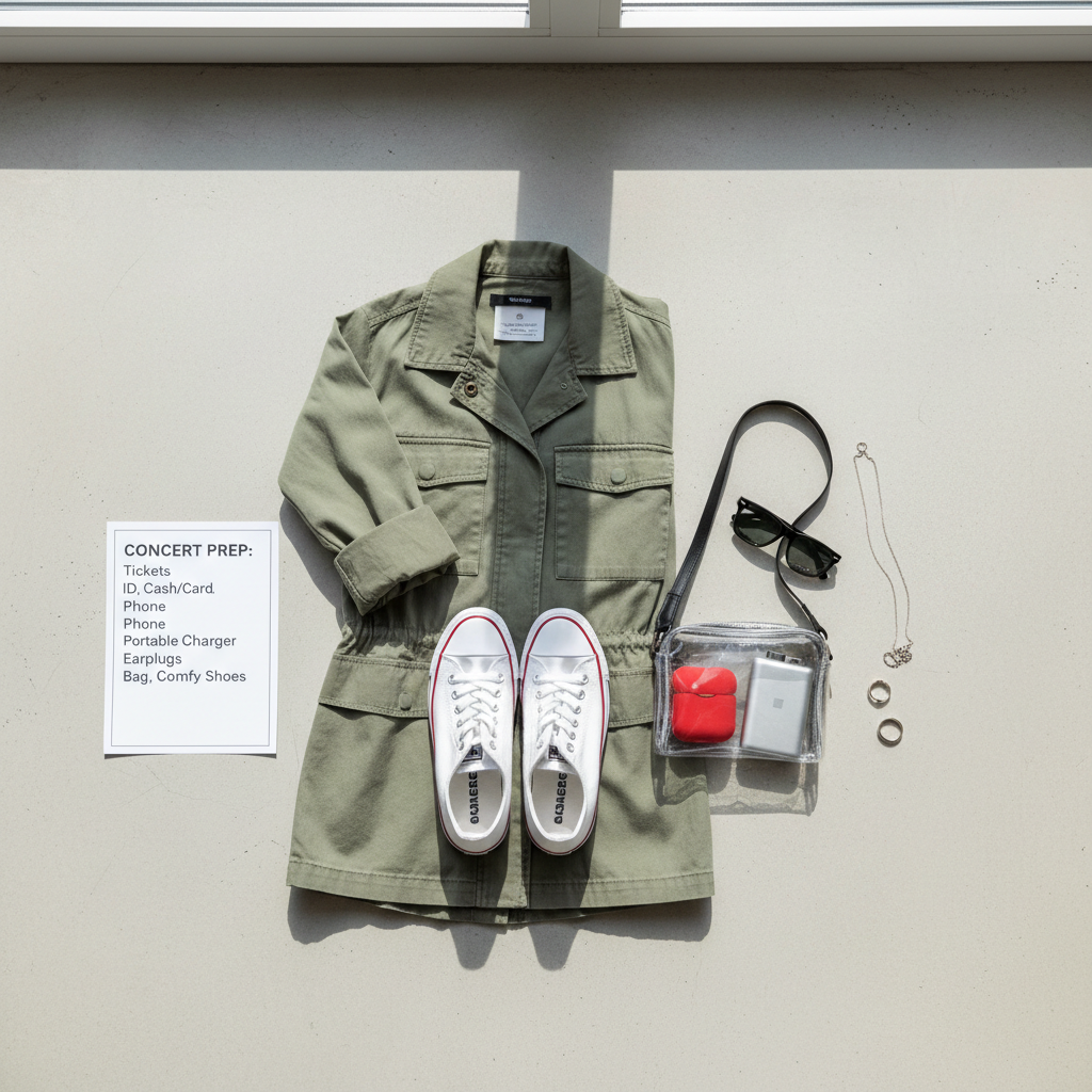 Concert outfit planning checklist with shoes layers and bag policy
