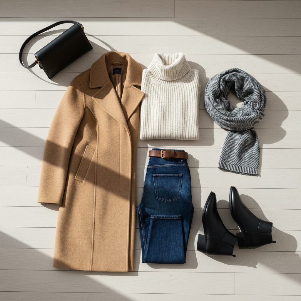 Flat lay of winter classic wool coat outfit colors and accessories