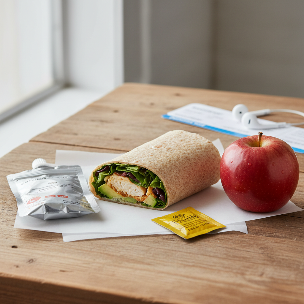 Simple homemade travel meal: tortilla wrap, tuna pouch, and fruit for an affordable airport lunch