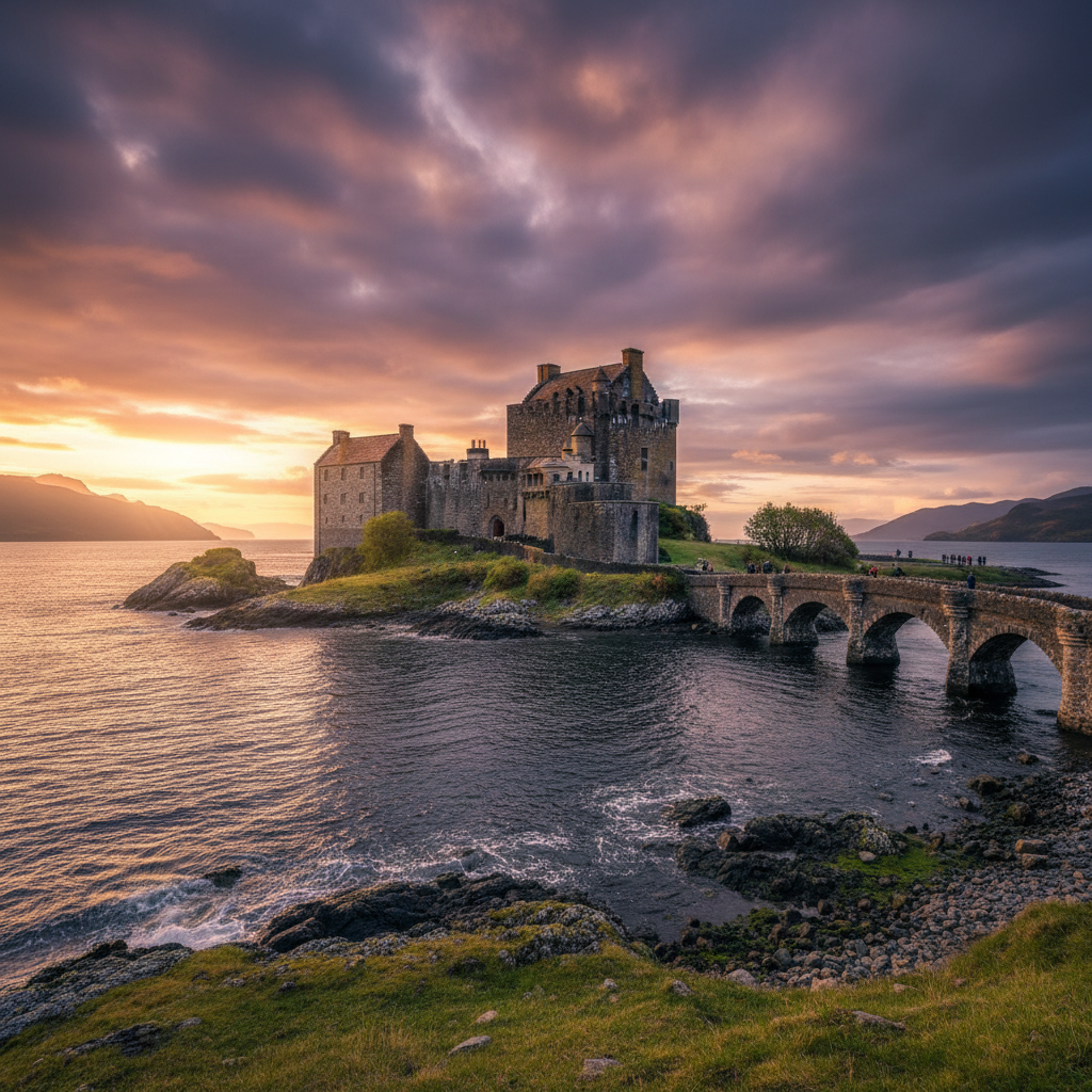 Iconic Scottish castle on a rocky coastline at golden hour