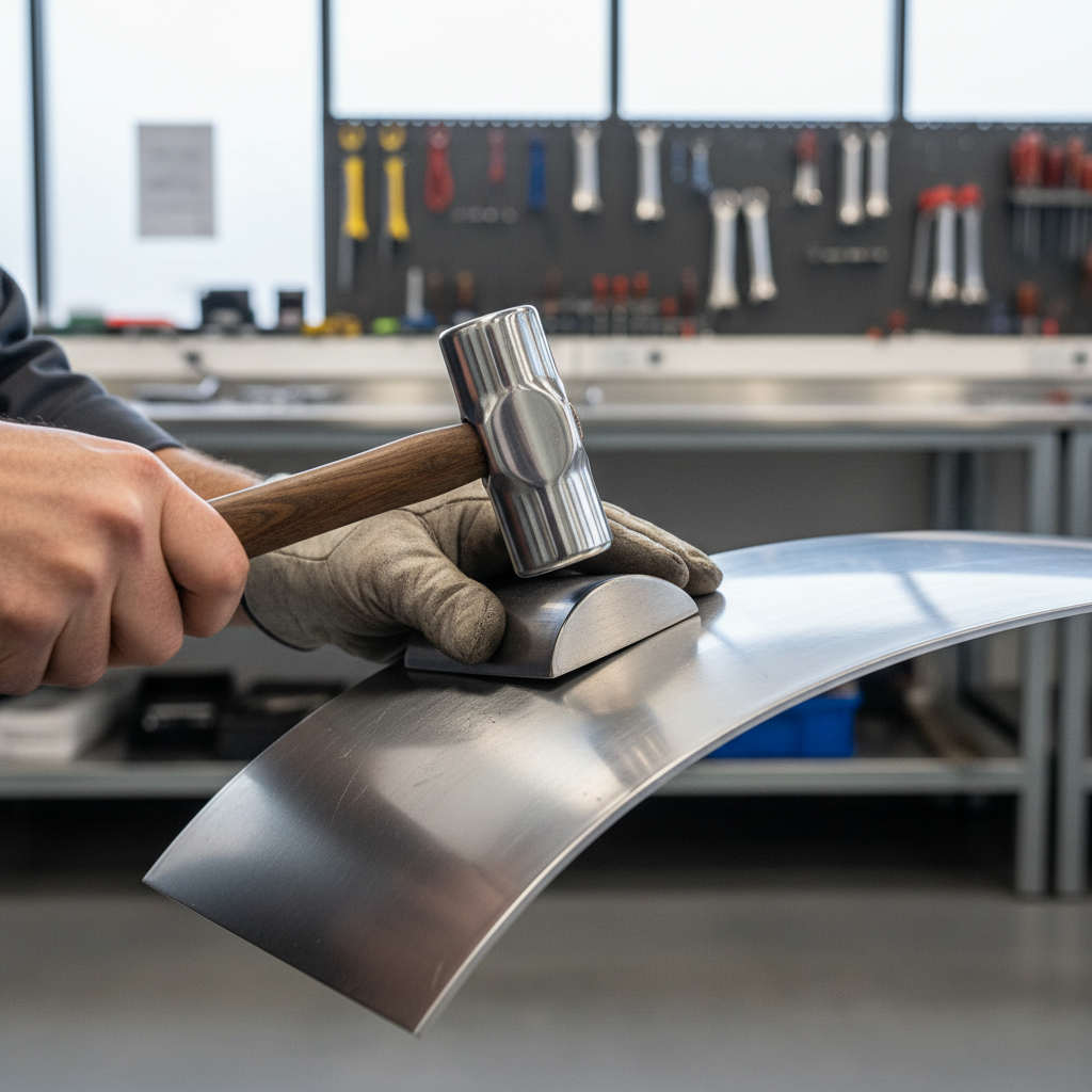 Planishing sheet metal with ball peen hammer and matching dolly
