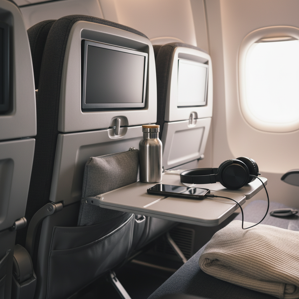 Organized airplane seat setup with pouch, water bottle, and headphones