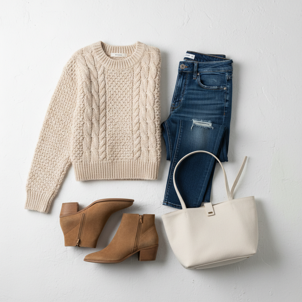 Cozy cable knit sweater laid flat with jeans and boots for a capsule outfit