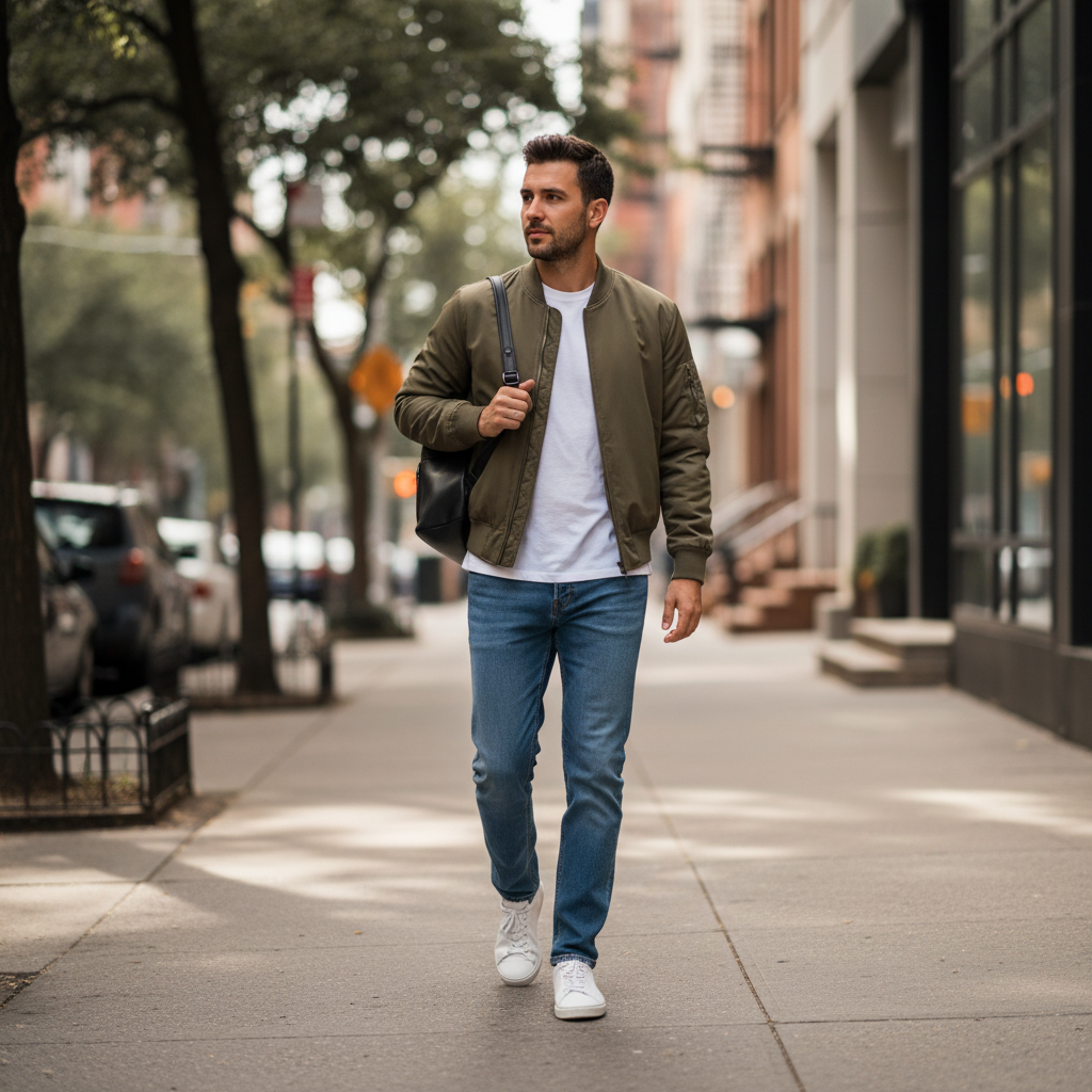 Casual bomber jacket outfit with jeans and sneakers
