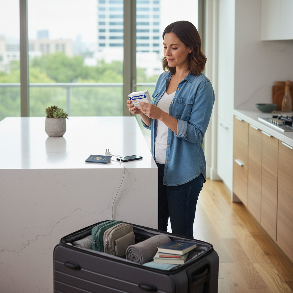 Traveler reviewing motion sickness medication options before a trip