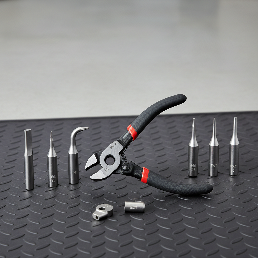 Different snap ring plier tips and angles laid out for internal and external retaining rings