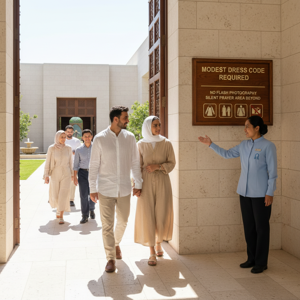 Respectful travel behavior and dress code signage at a religious site entrance