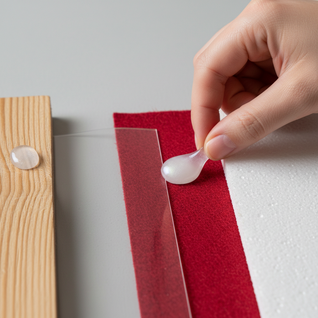 Close-up of hot glue adhesion test on different craft materials like wood, plastic, and fabric