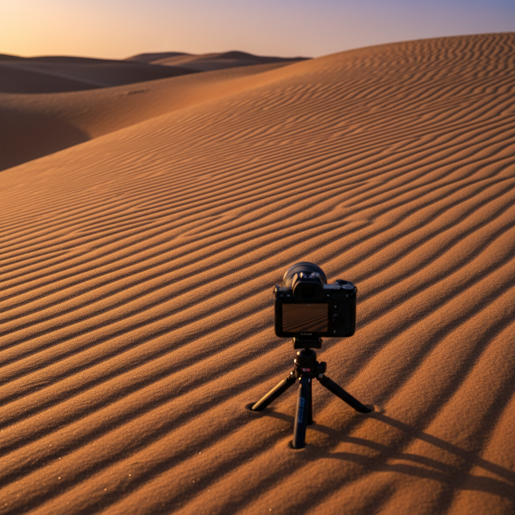 Close-up of sand dune ripples with long shadows and a camera on a small tripod